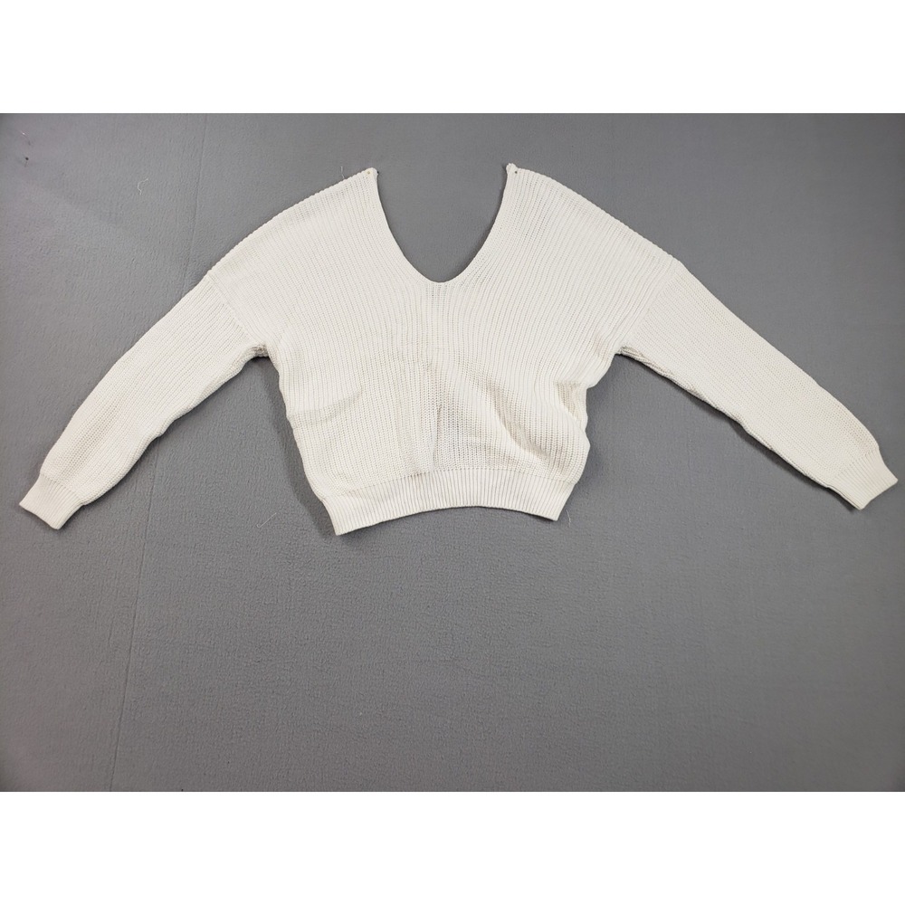 Forever 21 Women Sweater S White 100% Cotton Ribbed V Neck Long Sleeve Pullover